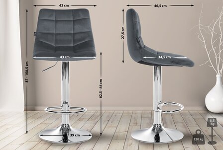 2-delige set barstoelen Jirra fluweel chroom, Grijs