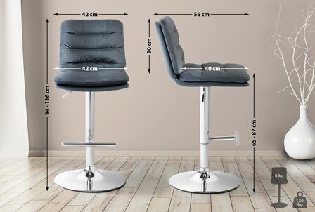 2-delige set barkrukken Dimir fluweel chroom, Grijs