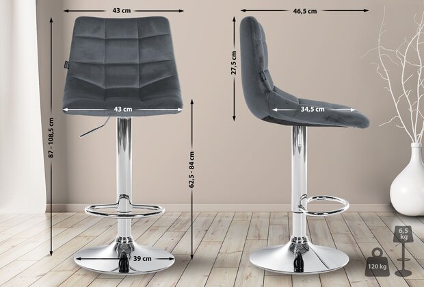 2-delige set barstoelen Jirra fluweel chroom, Grijs