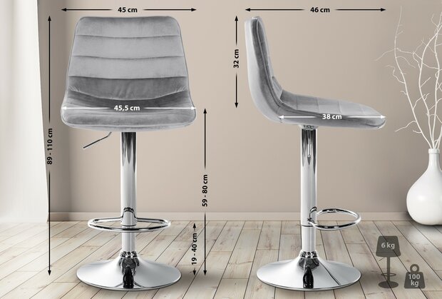 2-delige set barkruk Lix fluweel chroom, Grijs