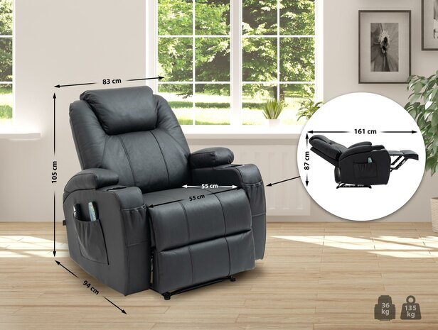 Fauteuil Hiplir met massagefunctie echt leer, Zwart