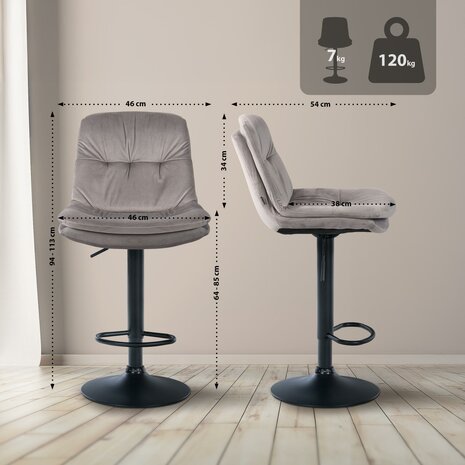 Barkruk Leural Fluweel zwart, Grijs